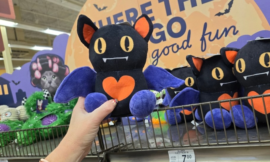 a womans hand holding a vampire bat plush dog toy