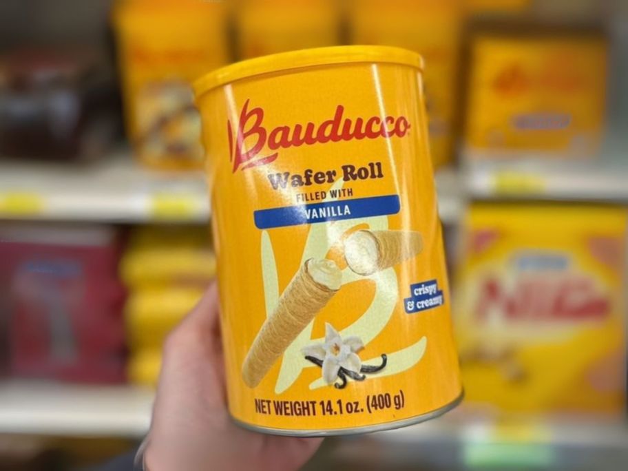 Bauducco Wafer Rolls 14.1oz in Vanilla canister in hand in store