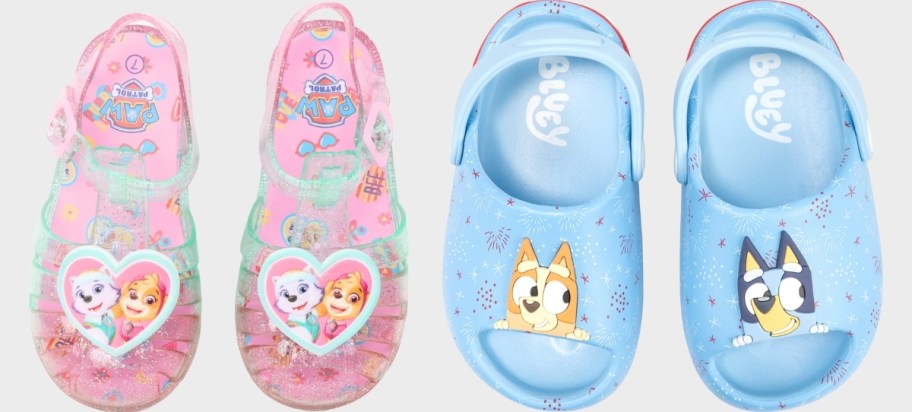 paw patrol jelly sandals and a pair of bluey and bingo slides