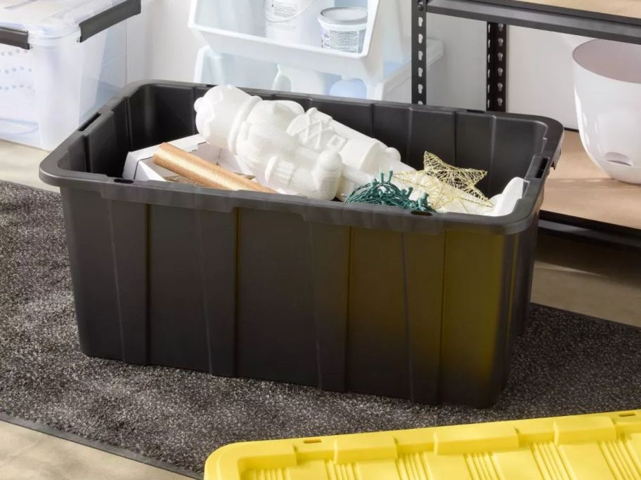 Brightroom 38-Gallon Heavy Duty Storage Tote in garage with christmas items in it