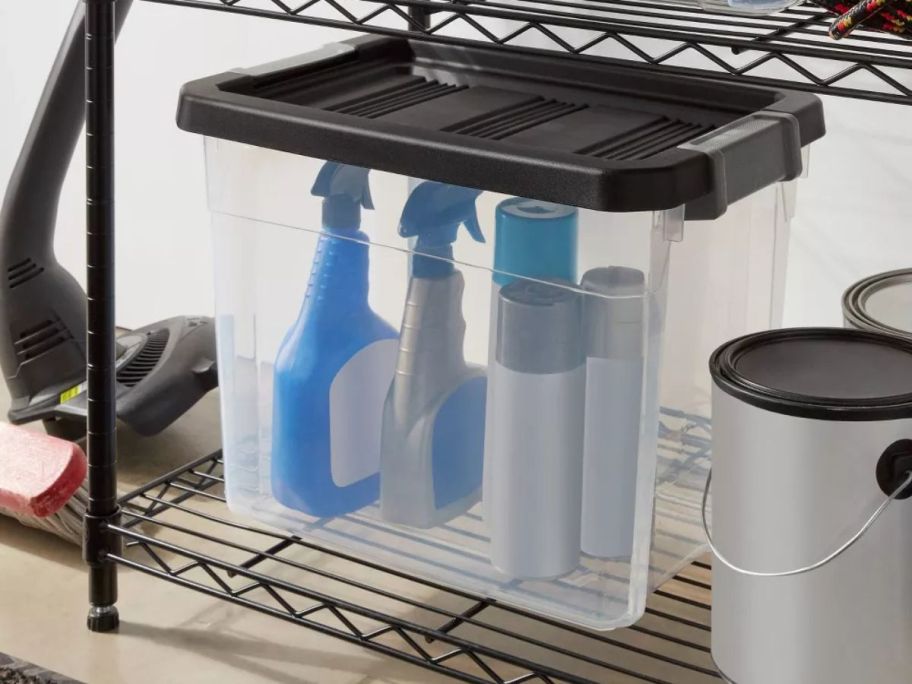 Brightroom 30-Quart Heavy Duty Latching Clear Storage Box on shelf with cleaner bottles in it