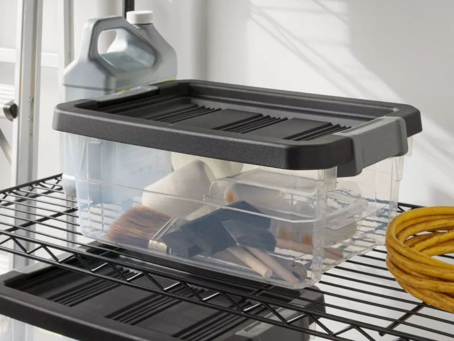 Brightroom 16-Quart Heavy Duty Latching Clear Storage Box on shelf with painting accessories in it