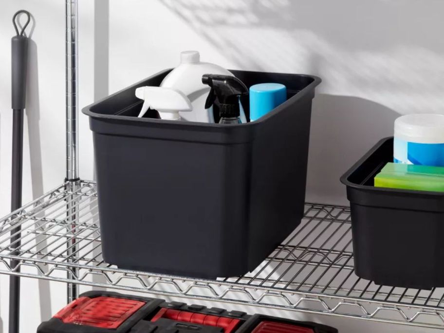 Brightroom 26.2-Quart Heavy Duty Storage Bin on shelf with cleaning products in it