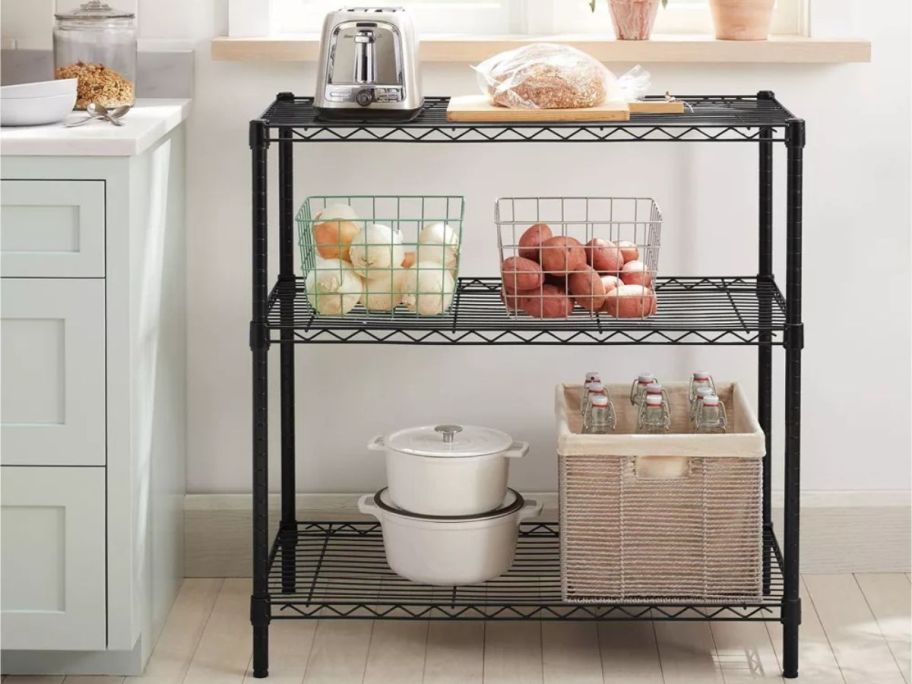 Brightroom 3-Tier Wire Shelving with food and kitchenware on it in kitchen
