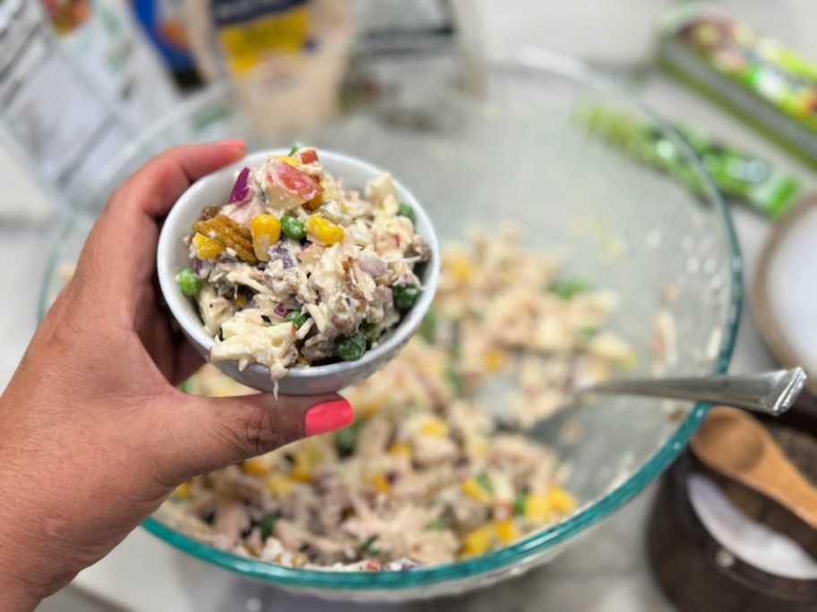 chicken salad in a small bowl
