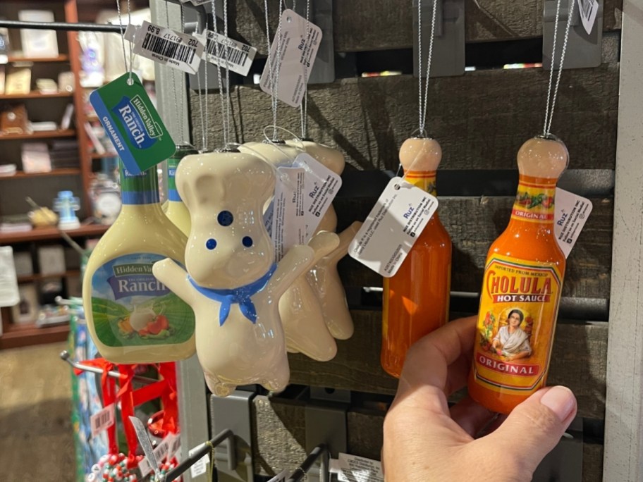 food related ornaments including pilsbury dough boy, choulula sauce and hidden valley ranch dressing