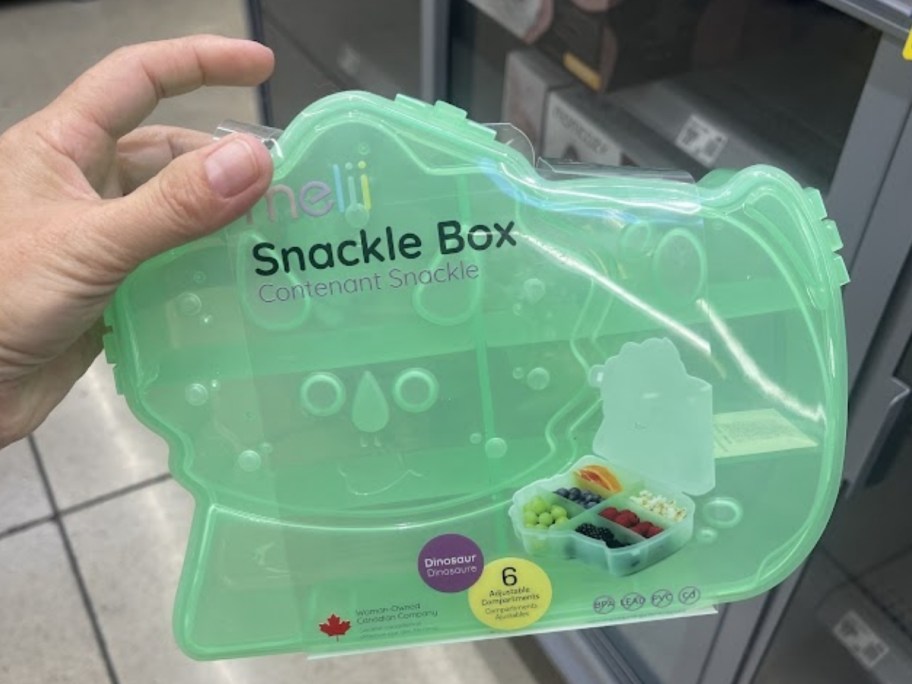 a womans hand holding a green dino snackle box