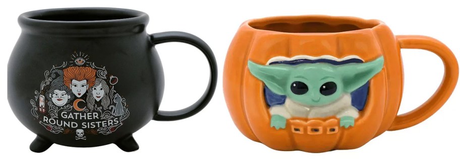 black cauldron and orange pumpkin mugs