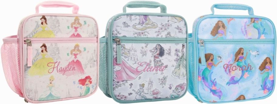 three disney princess character lunch bags