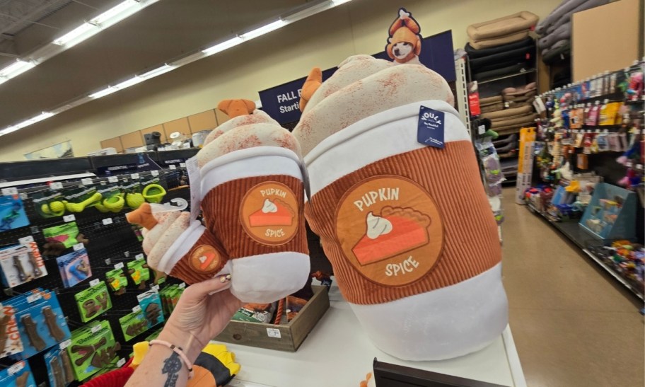 Plush pumpkin spice lattes in 3 different sizes