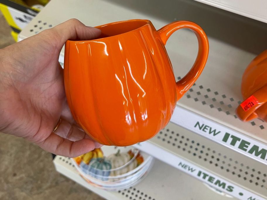 orange Pumpkin Coffee Mug in hand in store