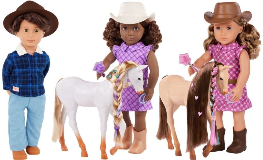 three 18 inch fashion dolls with various accessories