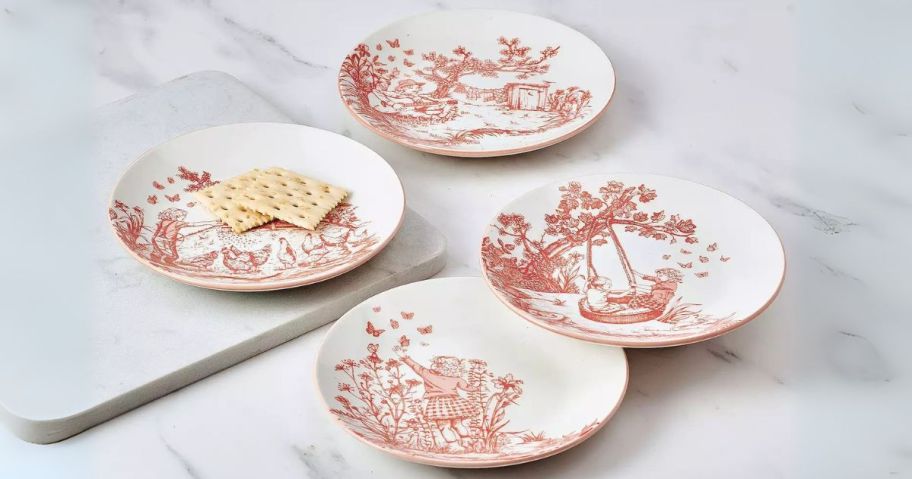pink and white Dolly Parton 4-Piece Appetizer Plate Set on table