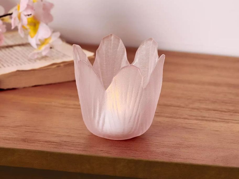 pink Dolly Parton Petal Votive Holder on table