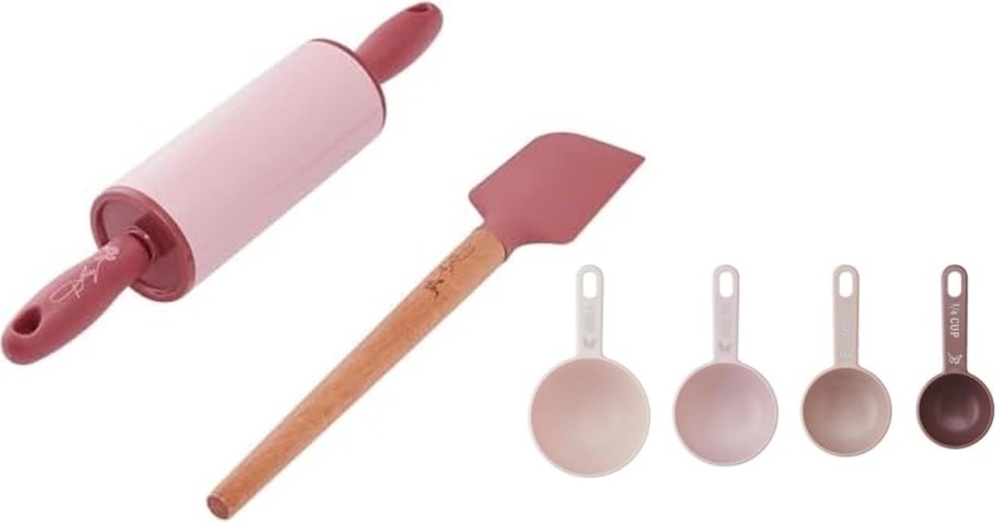 pink rolling pin, spatula, and measuring cups