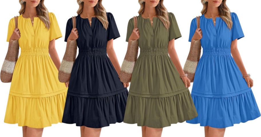 four women wearing dresses in yellow, black, green, and blue