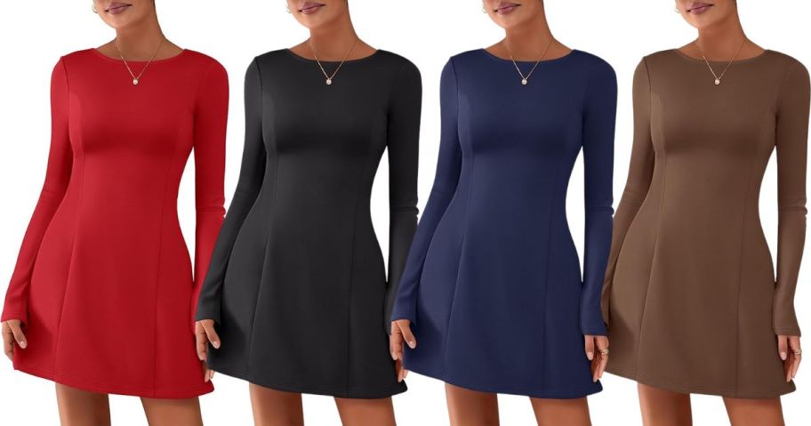 four women wearing short dresses in red, black, navy, and brown
