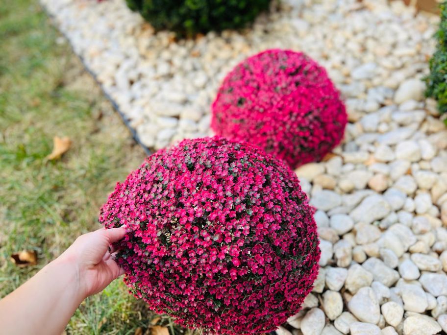 Woman holding pink fake bright flower balls before planting