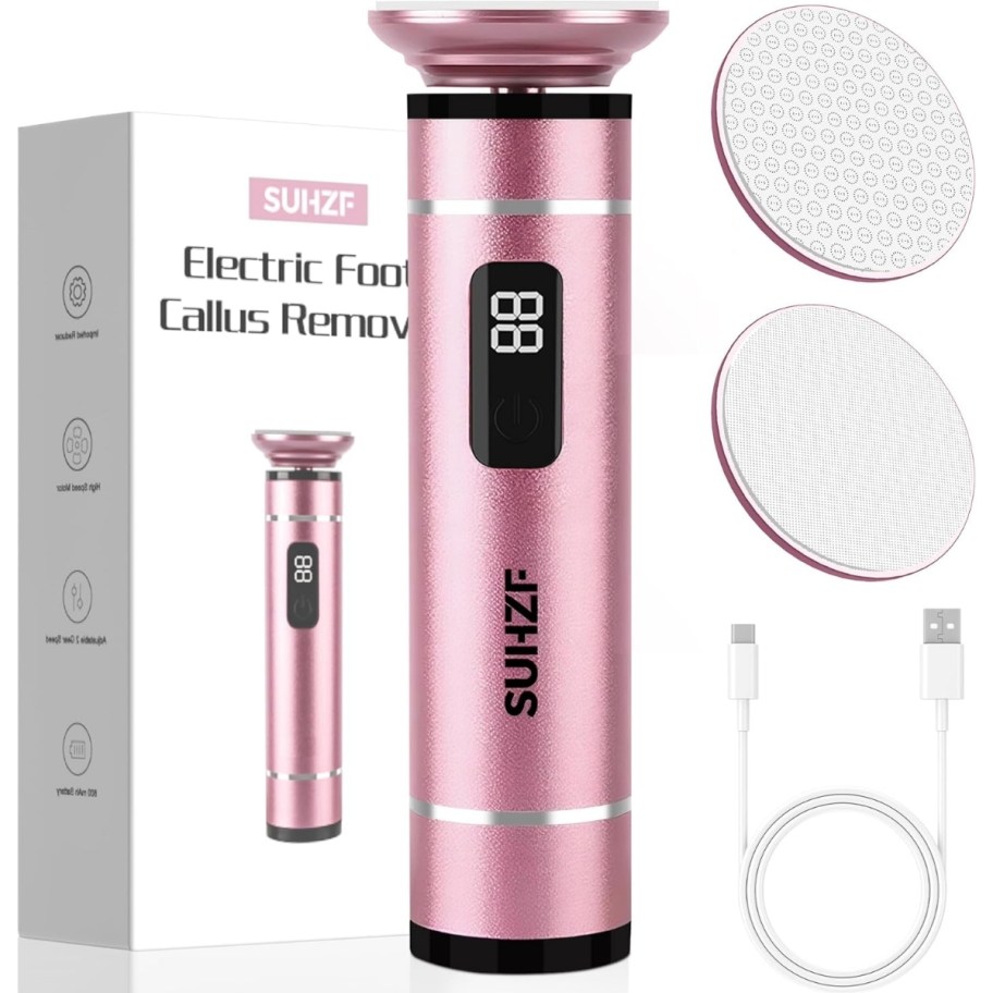 electric foot file shown with box & attachments and charging cord.