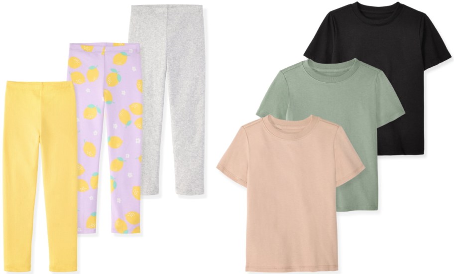 A collection of four pairs of leggings and three t-shirts in various colors. The leggings include solid yellow, gray with a subtle pattern, and one with a light purple background adorned with lemon prints. The t-shirts are in black, muted green, and soft pink.
