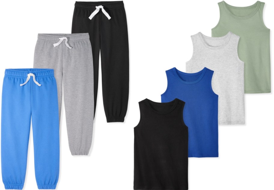 A collection of clothing items including three pairs of pants in blue, gray, and black, and three sleeveless shirts in blue, white, and green.