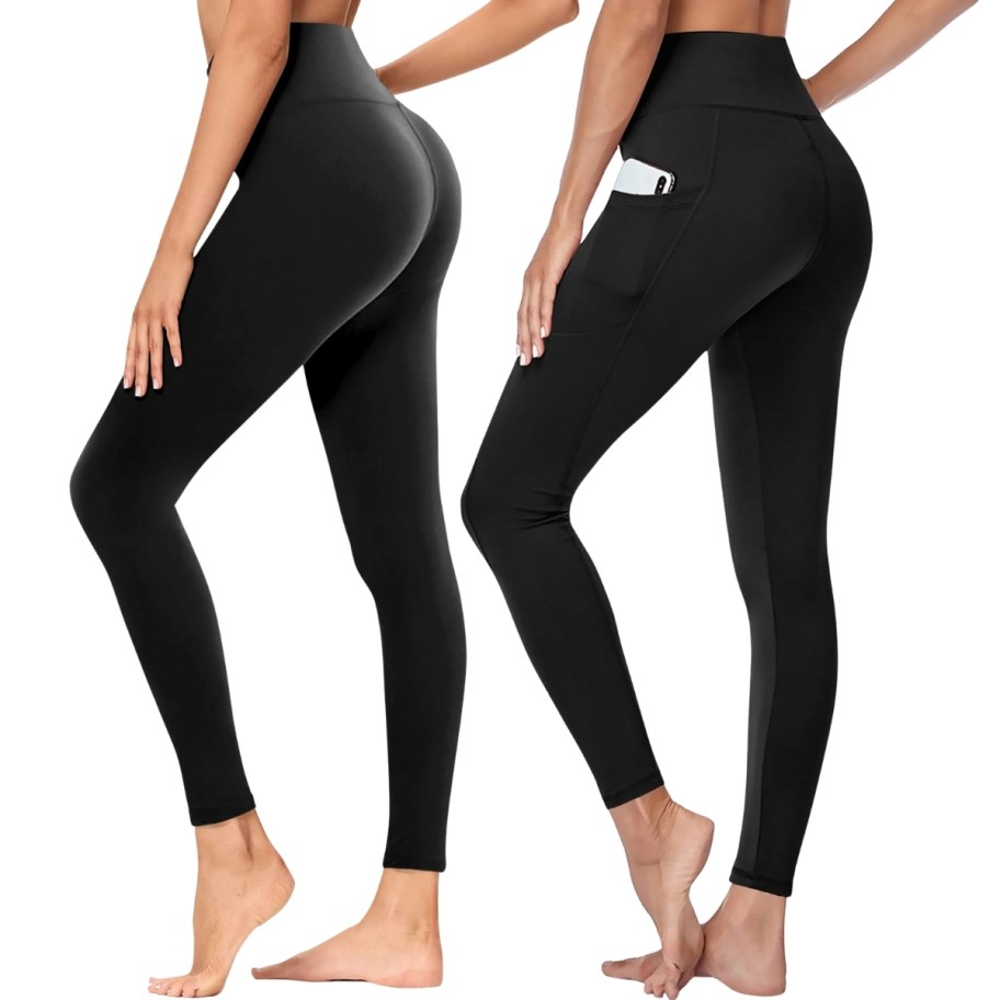 two women wearing black legging
