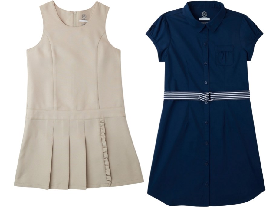 a khaki school uniform jumper dress and a navy school uniform shirt dress