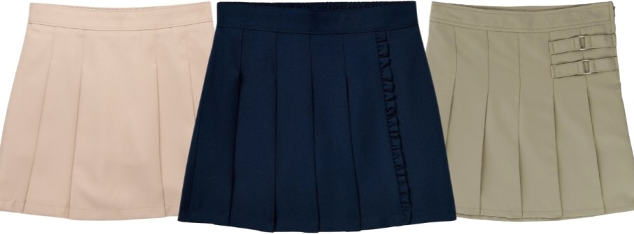 3 girls school uniform skirts in various styles and colors