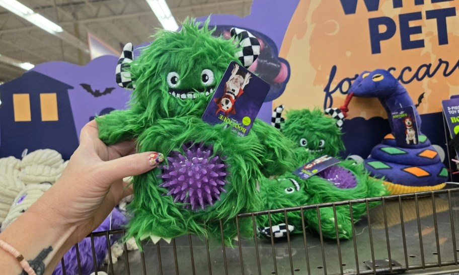 a woman's hand holding a green monster dog toy