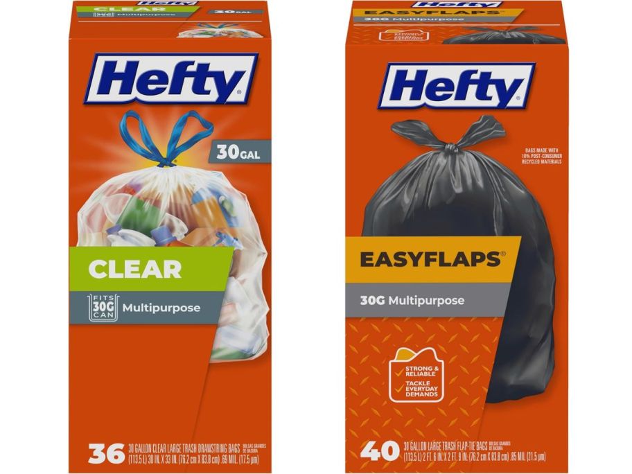 two Hefty Clear Trash Bags 30-Gallon boxes