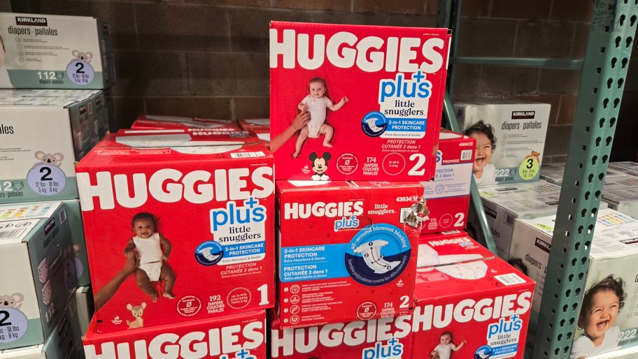 boxes of huggies diapers on costco shelves