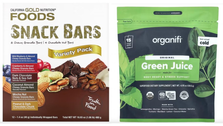 box of snack bars and green juice