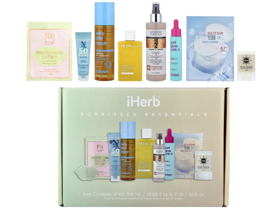 beauty box with products above it