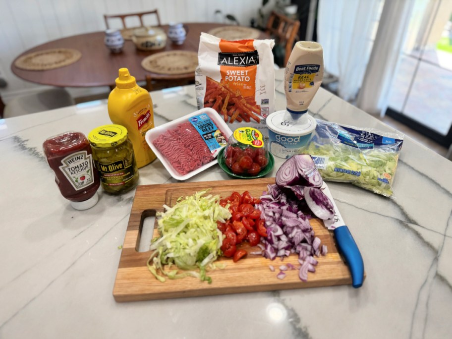 ingredients to make sweet potato burger bowls on the kitchen counter 