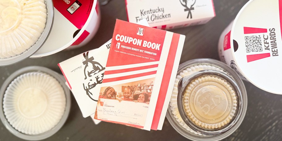 kfc coupon book on table with food 