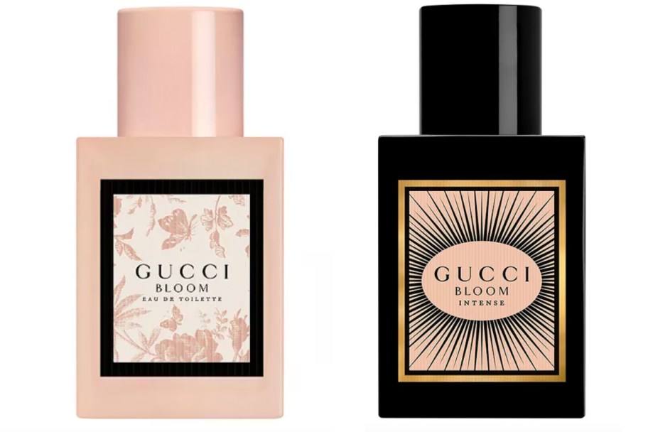 black and light pink bottles of perfume