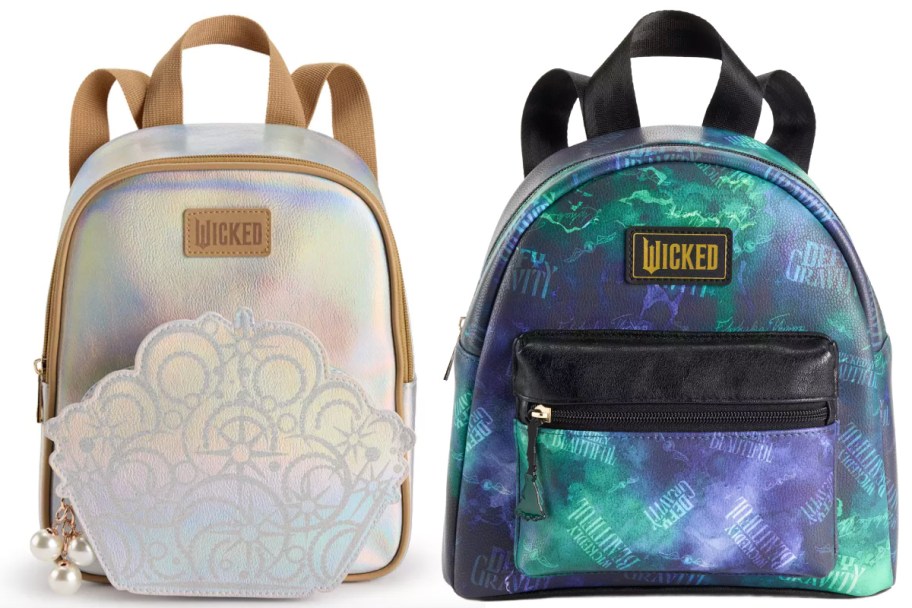 white and beige mini backpack and green and purple mini backpack