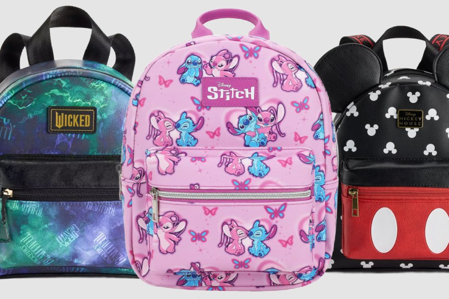 pink stitch, teal wicked, and black mickey mini backpacks