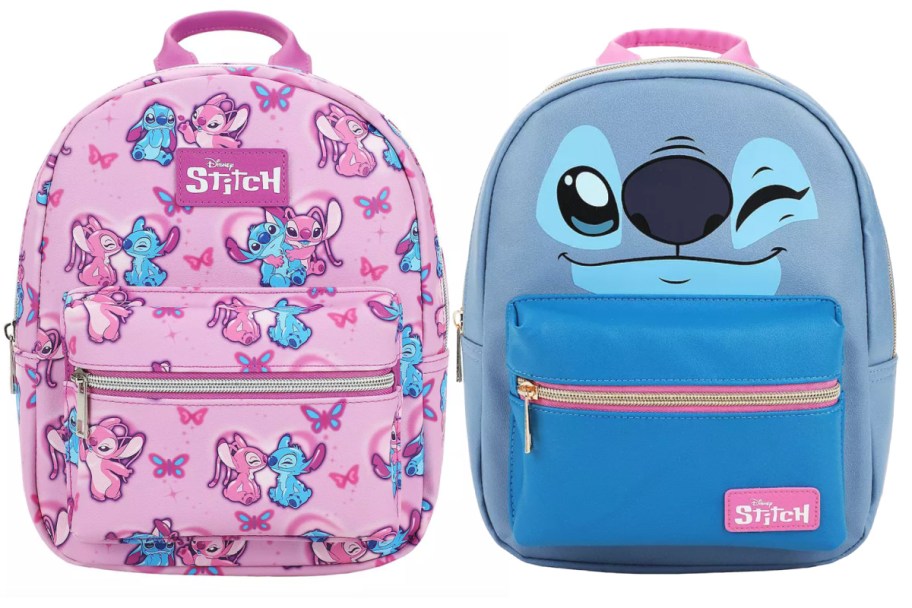pink stitch backpack and blue backpack with stitch face