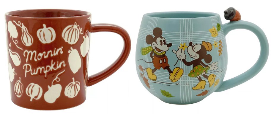 orange pumpkin, and blue mickey mugs