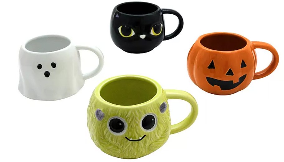 ghost, cat, pumpkin, and frankenstein mugs