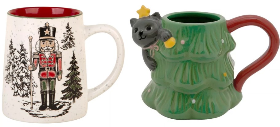 nutcracker and christmas tree mugs