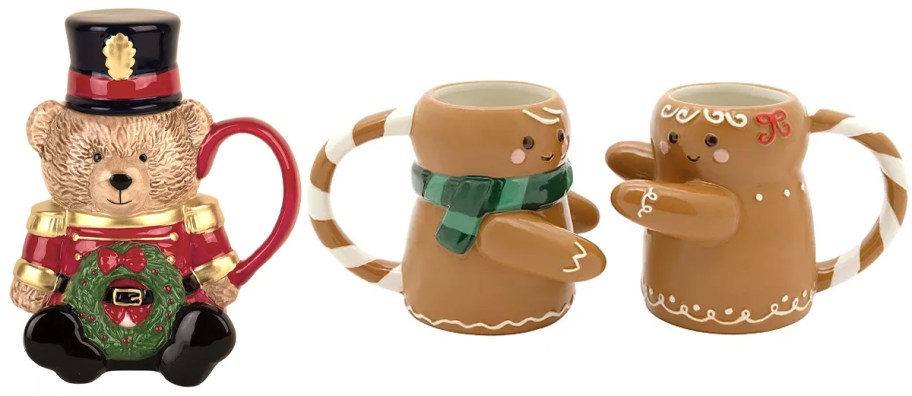 bear nutcracker and gingerbread men mugs