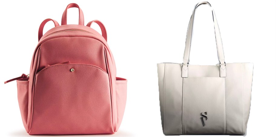 pink backpack and white tote 