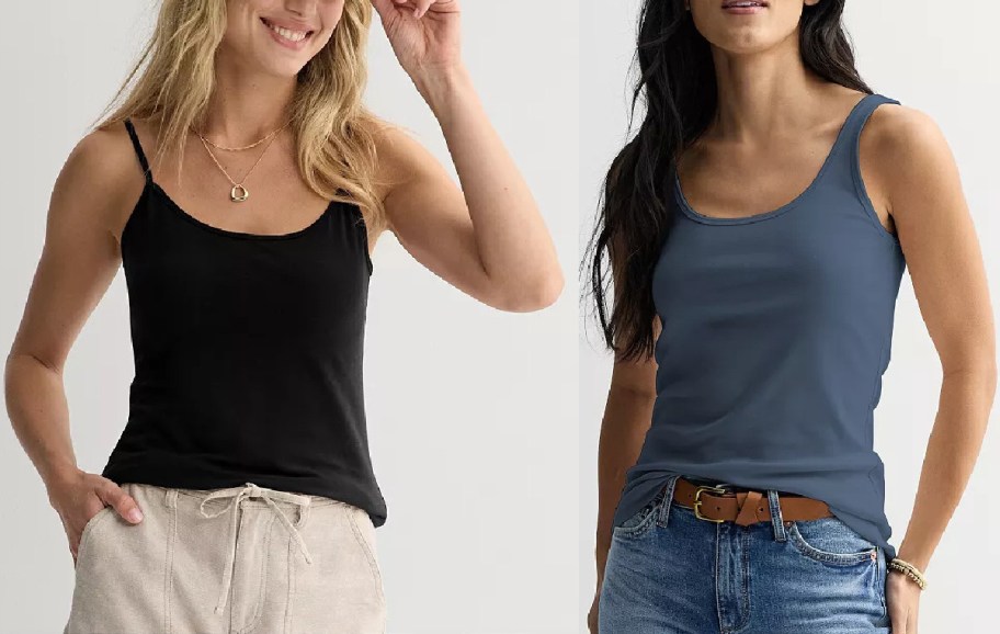 Two women in casual attire are shown side by side. The woman on the left wears a black tank top, beige pants, and a cap. The woman on the right, is wearing a blue tank top and jeans.