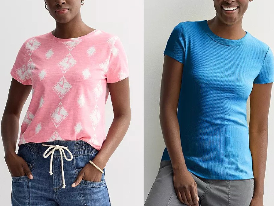 Two women side by side; the left wears a pink tie-dye T-shirt and blue drawstring pants, exuding a casual vibe. The right sports a fitted blue T-shirt.