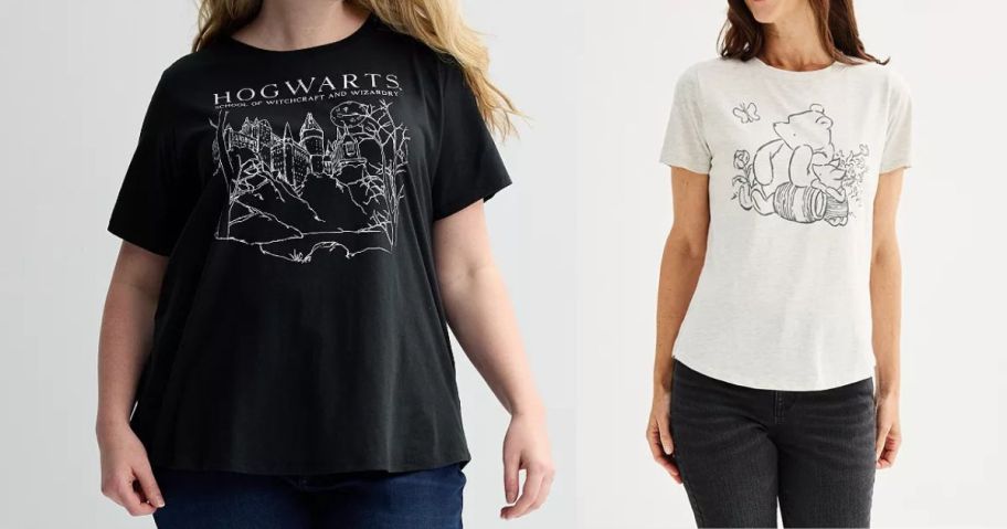 two women wearing graphic tees