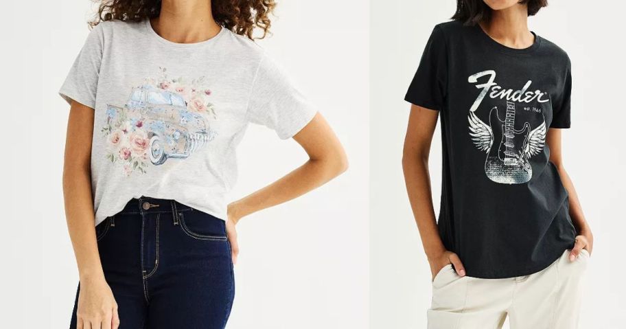 two women wearing graphic tees