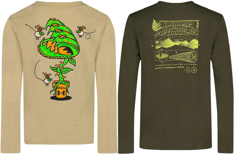 Two long-sleeve shirts displayed side by side. The shirt on the left is beige with a colorful graphic featuring a plant, bees, and a jar. The shirt on the right is olive green with a yellow graphic that includes the Under Armour logo and an abstract illustration.