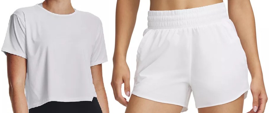 A white t-shirt on the left and white athletic shorts on the right.